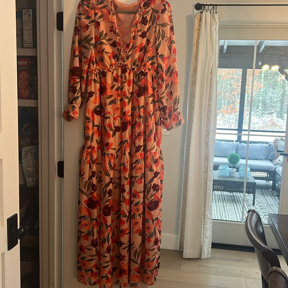 BLENCOT Womens Casual Boho Deep V Neck Long Sleeve Dress